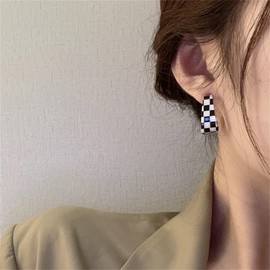 Checkerboard Hoop Earrings for Women Sterling Silver Post Hypoallergenic Retro Simple Colorful Acrylic Resin Checker Black White Grid Lightweight Open C shaped Earrings for 70s 80s 90s Party Jewelry
