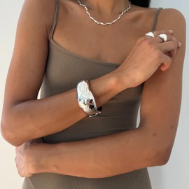 RAUCHBE Silver Chunky Bangle Bracelets for Women Wide Cuff Bracelets Irregular Wrist Wrap Cuff Bangle Bracelet Jewelry