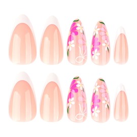 24 PCS Flower Press on Nails,Medium Almond White False Nails Glossy French False Nails Summer Nail Tips Full Cover Stick on Nails for Women and Girls