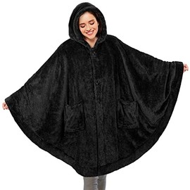 PAVILIA Angel Wrap Hooded Blanket | Poncho Blanket Wrap with Plush Fluffy Sherpa | Wearable Blanket Throw Gift with Hood Pockets Cape | Shaggy Warm Shawl Cozy Gifts for Women Wife (Black)