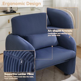 WUTUTUEE Corduroy Fabric Accent Chair, Modern Upholstered Living Room Chairs with Lumbar Pillow, Wide Comfy Leisure Armchair for Bedroom, Office, Reading, Blue