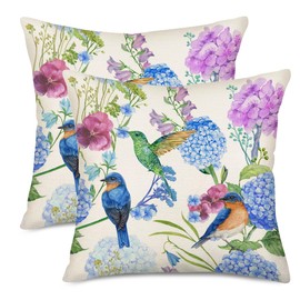 Smilyard Spring Summer Birds Flower Throw Pillow Cover 18x18 Inch Set of 2 Hummingbirds Hydrangea Blue Floral Plant Rustic Farmhouse Decoration Pillows Cushion Case for Sofa Couch