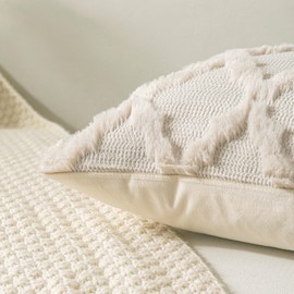 Cozoomy Set of 2 Soft Moroccan Throw Pillow Covers 22x22 Inch Plush Boho Decorative Pillow Cover Accent Cushion Case for Couch Sofa Bed, Beige