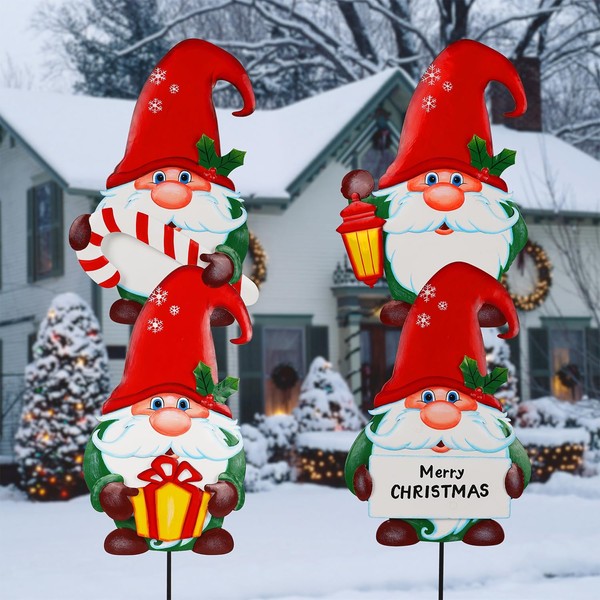 Hausse 4 Pack Christmas Gnomes Garden Stakes, 22 Inch Decorative Santa Metal Stakes, Xmas Stacked Yard Signs for Outdoor Decorations, Holiday New Year Winter Tomte Home Decor for Lawn Pathway Patio