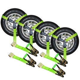 VULCAN Car Tie Down with Flat Hooks - Lasso Style - 2 Inch x 96 Inch - 4 Pack - High-Viz - 3,300 Pound Safe Working Load