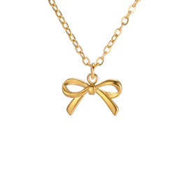 kkjoy Cute Small Tiny Bow Necklace Stainless Steel Gold Plated Dainty Ribbon Bow Tie Pendant Necklace Butterfly Bowknot Jewelry for Women Charming Ladies (Style 1)