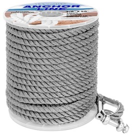 Boat Anchor Line 3 Strand Anchor Rope Black White Grey 3/8 Inch 50FT 100FT 150FT with Stainless Steel Thimble and Shackle for Boat (3/8" x50' Grey)
