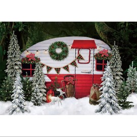 7x5ft Vinyl Christmas Camper Backdrop Pine Tree Snow Forest Mini Bus Wreath Photography Background Christmas Party Decor Camping Baby Shower Birthday Winter Holiday Party Decor Banner Backdrop
