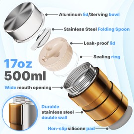 Earth&ME Stainless Steel Thermo For Hot Food 17OZ with Folding Spoon, Vacuum Insulated Food Container, Soup Thermo with Wide Mouth, Insulated Food Jar for Hot & Cold Food, Gold