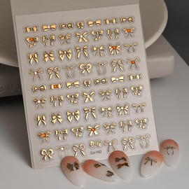 Gold Bow Nail Art Stickers Decals 5D Embossed Nail Decals Bow Nail Stickers with Rhinestone Design Gold Nails Art Supplies Decoration Accessories for Women and Girls