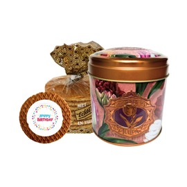 DeReuze Stroopwafels Gift Set – Caramel Waffle Cookies in Decorative Dutch Tin – Gifts from Netherlands with Special Occasion Message Stroopwafel in Organza Bag – Unique Food Gift for Any Occasion (Happy Birthday)