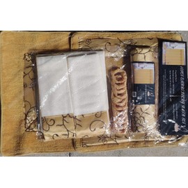 Comfy Deal 18 Pieces Shower Curtain with Matching Fabric Hook, Embroidery Bath Mat,Contour Rug and Towel Set (Gold)