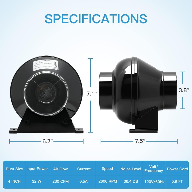 iPower 4 Inch 195 CFM Upgrade Inline Fan, Air Carbon
