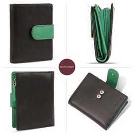 BOTANNER Women's Genuine Leather Wallet – RFID Blocking, with 8 Card Slots, ID Window, Bill Compartment, Zippered Coin Compartment, and Secure Tab Closure (Black/Forest Green)