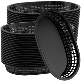 MOUYAT 40 Pack 11 Inch Black Plastic Fast Food Baskets, 10.5 x 6.7 x 1.3 Inch Oval Fast Food Serving Baskets, Food Service Restaurant Hot Dogs Baskets for Serving, Bread, Fried Chicken, Frys, Fruit