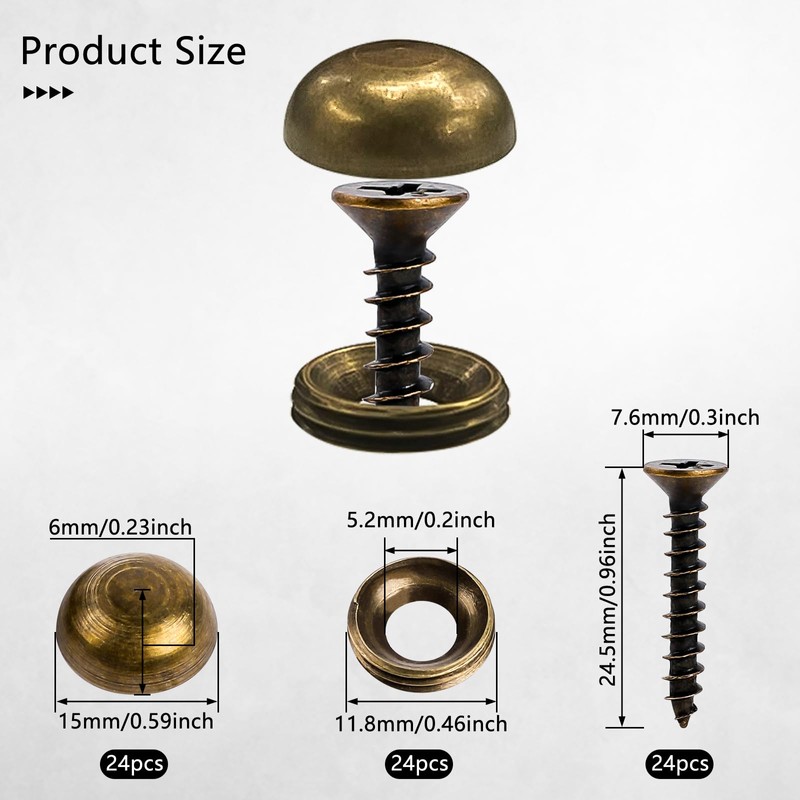 Brass Decorative Screws with Caps, 24Pcs 15mm Upholstery Tacks Self
