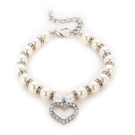 Ling & Bai Pet Supplies Pearl Necklace Dog Love Diamond Pendant Collar Rhinestones Jewelry for Puppy and Kitten (White, S)