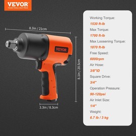 VEVOR professinal 1 Inch Air Impact Wrench, Up to 3160 ft-lbs High Reverse Torque Output 1" Pneumatic Impact Gun w/ 8 Inch Extended Anvil & Carrying Case for Heavy Duty Repairs and Maintenancetorque， High-Torque Impact Wrench:_1870ft