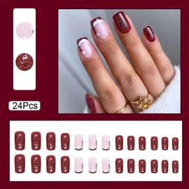Christmas Hat Press on Nails Short Square Fake Nails Santa Hat Design Red French Glitter False Nails Winter Xmas Full Cover Acrylic Nails Glue on Nail for Women Girls 24Pcs