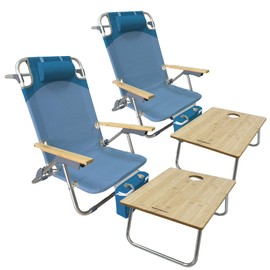 WKFAMOUT Folding Backpack Beach Chair 2 Pack Aluminum 5-Position with Samll Camping Table Bamboo Lay Flat Lounge Chair Outdoor for Adults with Insulated Cooler Bag
