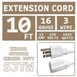 FNXPOW Indoor Outdoor Extension Cord 10 FT Waterproof, 16/3 Gauge Heavy Duty White Extension Cords, 13A 1625W SJTW Extension Cord with 3 Prong Grounded Plug, Great for Tools, Lights, UL Listed.
