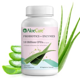 AloeCure Daily Probiotics 10 Billion CFU for Digestive Support 8 Strains, 6 Prebiotics & Enzymes - Digestive Supplement with Bromelain for Women & Men - Gut Support, Digestive Relief, 30 Caps