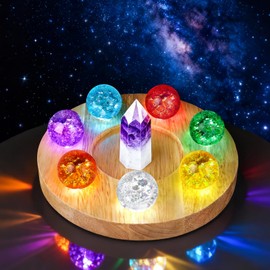 Wulqiiy 7 Colors Healing Crystal Balls Set with LED Wooden Base, 1.57'' Ice Cracked Chakra Spheres, Quartz Energy Orbs for Meditation, Positive Vibes for Home Night Light Decor