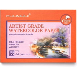 Fuumuui 100% Cotton Watercolour Paper- Updated Version, 22 Sheets A4 Cold Pressed Watercolour Paper Block - 140LB/300GSM Art Paper for Watercolour Gouache Ink