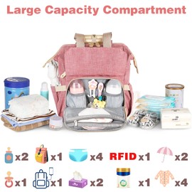 Jiefeike Diaper Bag Backpack, Pink Baby Girls Diaper Bag for Mom, Travel Baby Bags Backpack for Women, Insulated Pockets Portable toddler diaper bag with USB Charging Port, RFID Anti-Theft Pocket