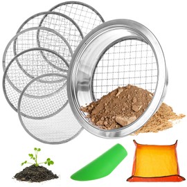 Starvast Stainless Steel Soil Sifter for Gardening, Dirt Sifter, Compost Sifter with 5 Replaceable Mesh Diameter 1/3/6/9/12mm, for Compost Weed Sand Cat Litter Bonsai with Planting Mat, Shovel