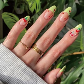 BABALAL French Press Medium Almond Fake Nails With Glue - Glossy Green Rhinestones Acrylic Design Stiletto Full Cover