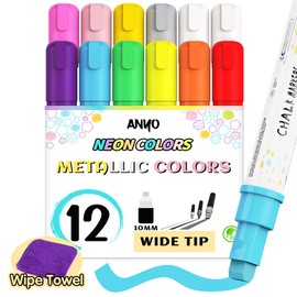 Anyo 12 Pack Window Markers for Cars, Liquid Chalk Markers with 10mm 3 in 1 Nib Wide Tip, Metallic & Neon Color Wet Erase Window Paint for Glass Washable, Glass, Mirror, Blackboard, Bistro, Menus