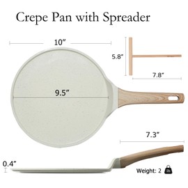 ESLITE LIFE 9.5 Inch Crepe Pan with Spreader, Nonstick Ceramic Coating Dosa Pan, Roti Tawa Comal Para Tortillas Pancake Griddle Pan, Induction Compatible, PTFE & PFOA Free, White
