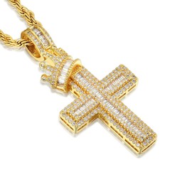 Wisbal Men's Brass Cross Pendant Plated 18k Gold/White Gold Cross Necklace Square Zircon Crown Cross Jewelry for Men