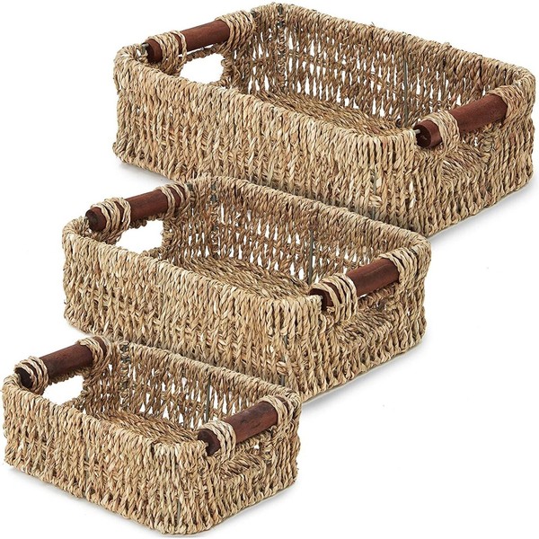 Set of 3 Small Wicker Baskets for Storage, Woven Nesting Bins with Handles