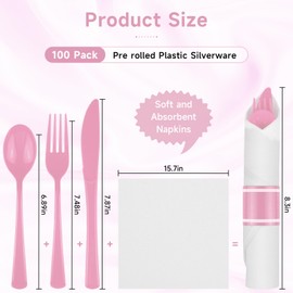 100Pack Pink Pre Rolled Plastic Silverware - Wrapped Pink Plastic Cutlery Set Include 100 Forks, 100 Knives, 100 Spoons and 100 Napkins, Heavy Duty Disposable Silverware for Party, Wedding(100, Pink)