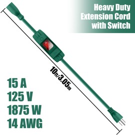Extension Cord with Switch On/Off Waterproof Switch 10Ft No Plugging and Unplugging Invintage Stereo Devices Without Built-in Power Switch(10 FT, Green)