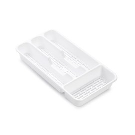 Cutlery Tray for Drawer with 4 or 5 Compartments with Holes BPA FREE, Covered Organizer with Compartments Dishwasher Safe, Drawer Dividers for Kitchen 32cm (4 Compartments, White)