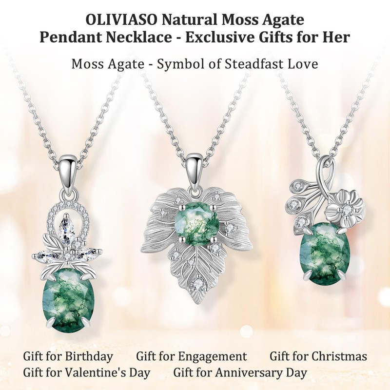 OLIVIASO Natural Moss Agate Necklace for Women 925 Sterling Silver