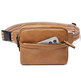 LATMAP 3L Fanny Pack Bumbags for Women Men 4-Zipper Pockets Belt Bag Sling Waist Pack Faux Leather Chest Bag Tan