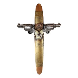 Ebros Gift Rustic Western Wild West Dual Handgun Pistols With 12 Gauge Bullet Shell Casing With Scroll Art Wall Cross Decor Plaque Vintage Design Hanging Sculpture Decorative Crosses