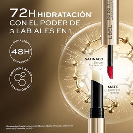 L’BEL Labial Infini Dual Triple Poder – Mate No Transfer, Satinado Volumen y Bálsamo Reparador 3 en 1 (Nude Cashmere)