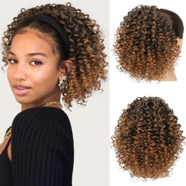 Lommel Drawstring Ponytail for Black Women,10 Inch Ponytail Extension for Black Women Curly Pony Tails Hair Extensions for Girls Afro Kinky Curly Hair Pieces for Daily Use(Ombre Caramel Brown)