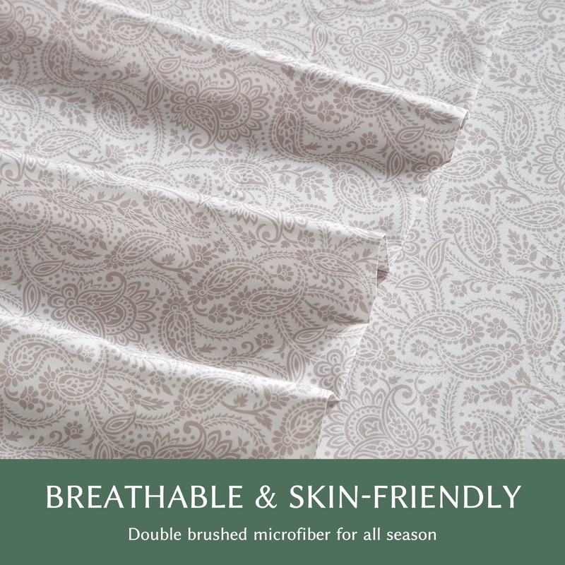 Boho Sheets King Size, Cream Paisley Patterned，Deep Pocket 4pc
