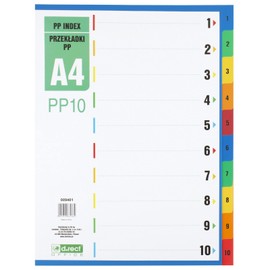 D.RECT Index for A4, PP10, 10 Dividers, Ring Binder, Tabs with Number Print 1-10, Multicoloured, Polypropylene Colour Dividers