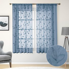 HOMEIDEAS Stone Blue Floral Sheer Curtains 63 Inches Long 2 Panels Embroidered Pattern Semi Sheer Window Curtains for Bedroom Living Room
