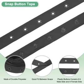 M METERXITY Plastic Snap Buttons, 5 Yards Plastic Snaps, Polyester Tape Hook & Eye Zipper Popper Press Stud Fastener for Sewing/Clothes/Fabric/DIY Craft [Black, 25mm Spacing]