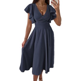 Dokotoo Womens Midi Formal Wedding Guest Dresses Dresses for Women 2024 V Neck Elegant Party Skater Dress Navy Blue M