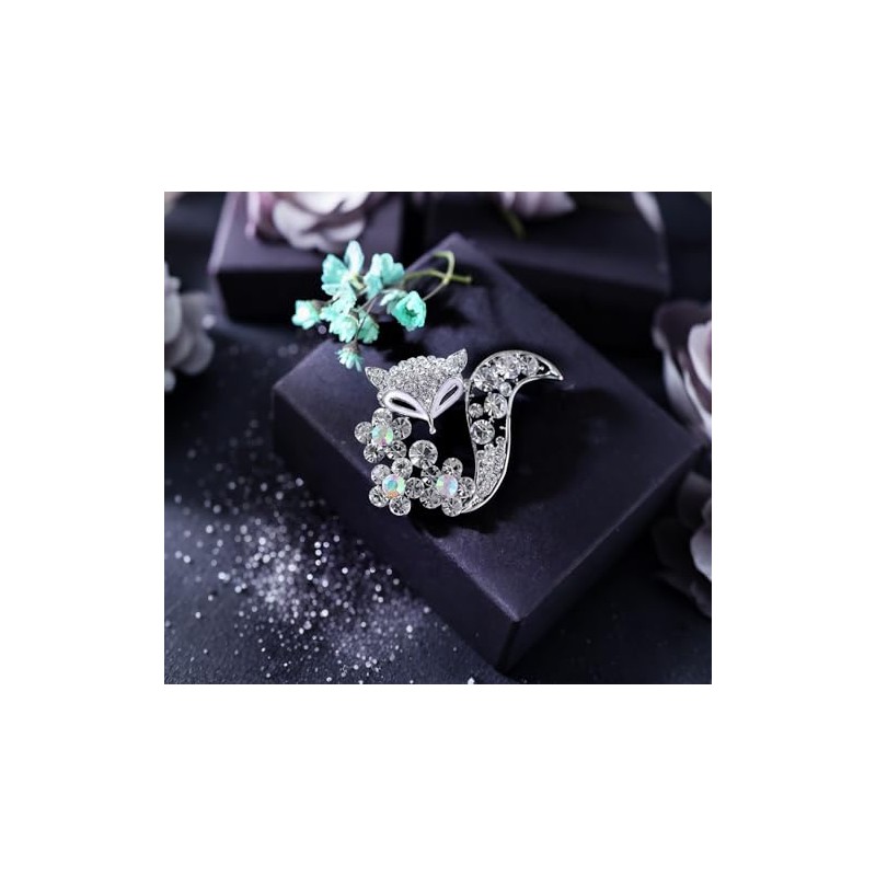 Crystal Rhinestone Fox Brooch Pin, Silver Tone with Aurora Borealis