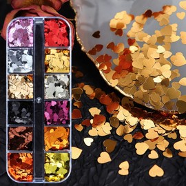 12 Grids 3D Heart Nail Art Stickers - Holographic Laser Nail Glitter Sequins, Gold, Red, Black and Silver Glitter Flakes for Nail Art Decoration